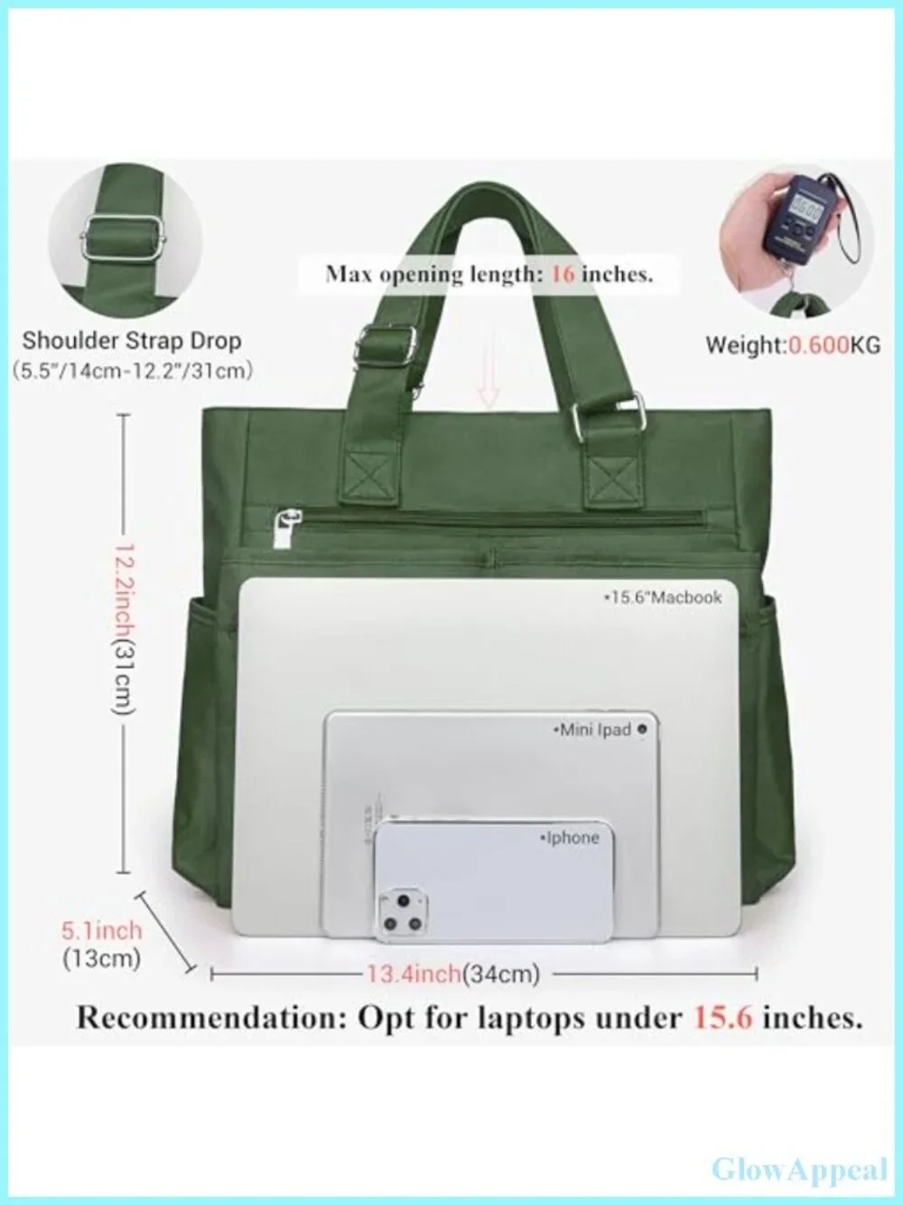 Waterproof Nylon Canvas Tote Bag Multi Pocket Laptop Work Teacher Shoulder